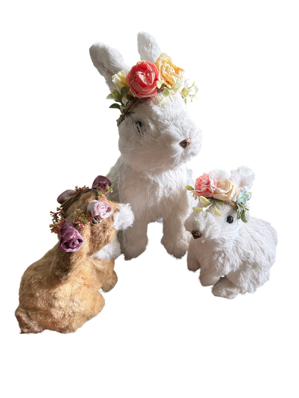 Vintage Sisal Rabbit Bunny Family Figurine Set of 3 Cottagecore Floral Crowns